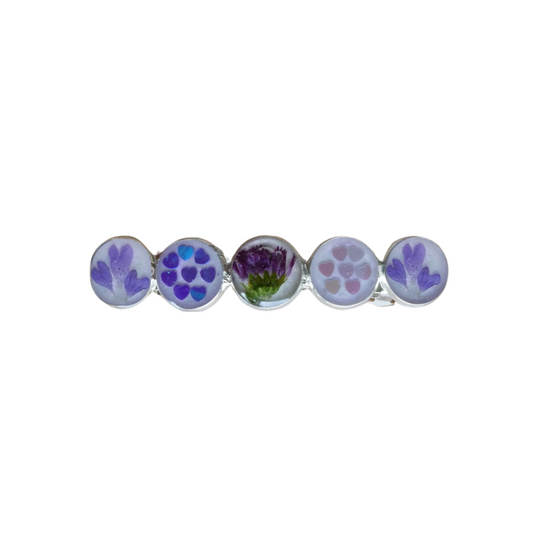 Hairclip Barrette Silver Tone  – Real Purple Flowers, Heart Petals & Sequins
