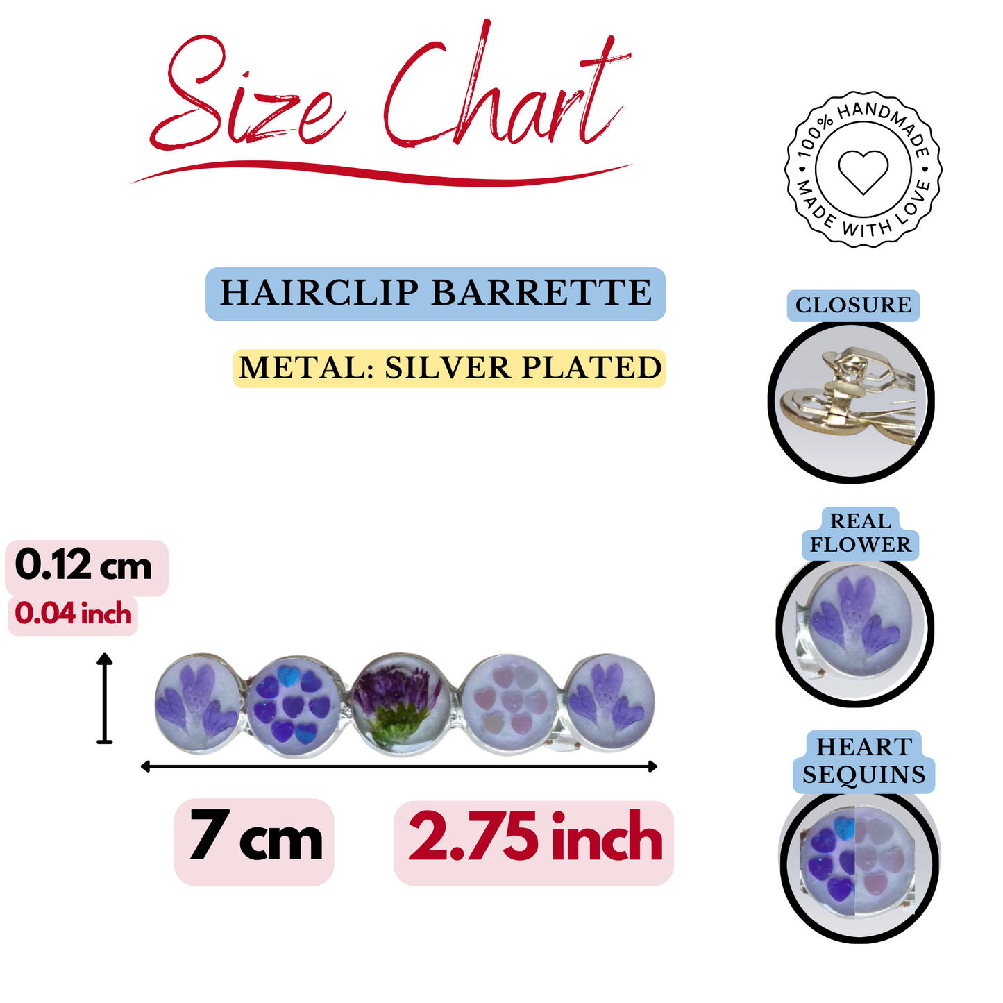 Hairclip Barrette Silver Tone  – Real Purple Flowers, Heart Petals & Sequins