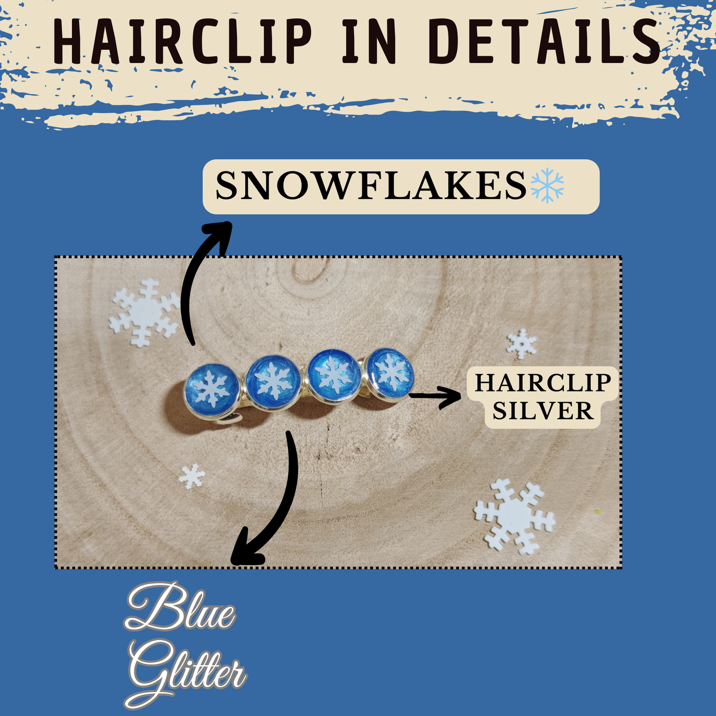 Winter Christmas Hair Accessory - Silver Tone Hairclip Barrette – Snowflake & Blue Glitter ❄️ Perfect for Frozen-Inspired Outfits