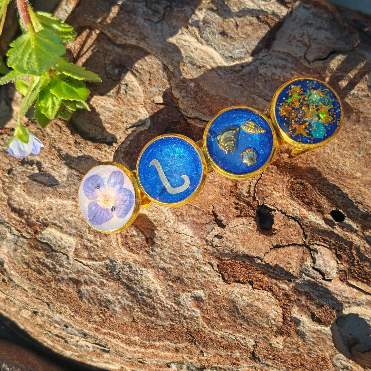 Hairclip Personalized Gold Plated  Barrette – Custom Letter, Real Blue Flower & Ocean Inspired Design