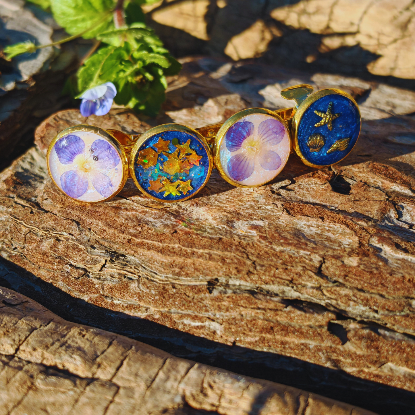 Hairclip Barrette Gold or Silver Tone – Real Blue Flowers, Ocean Charms & Golden Stars + Polish Cloth
