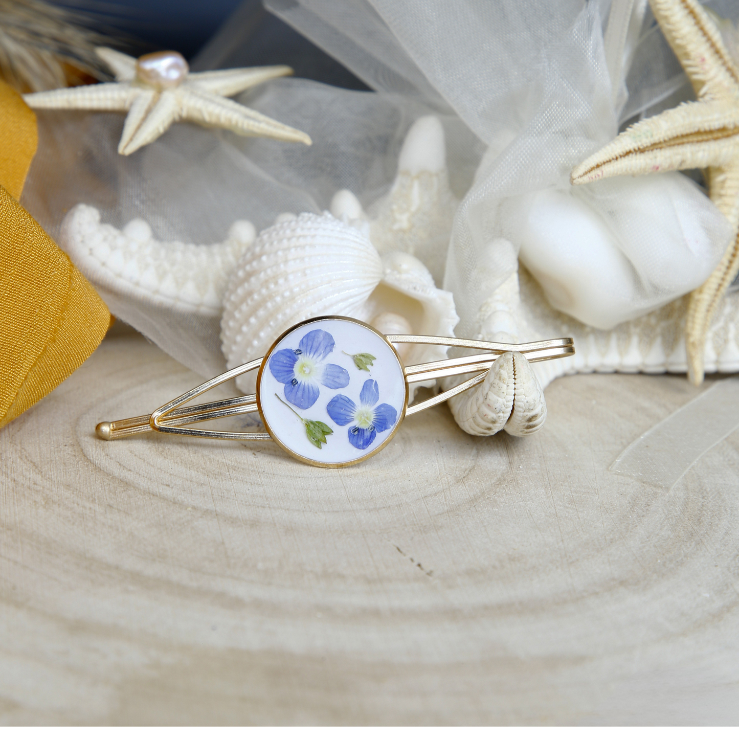 Hair Slide Daisy - Gold-Rose Tone  – Real Blue Flowers & Green Buds Hairclip