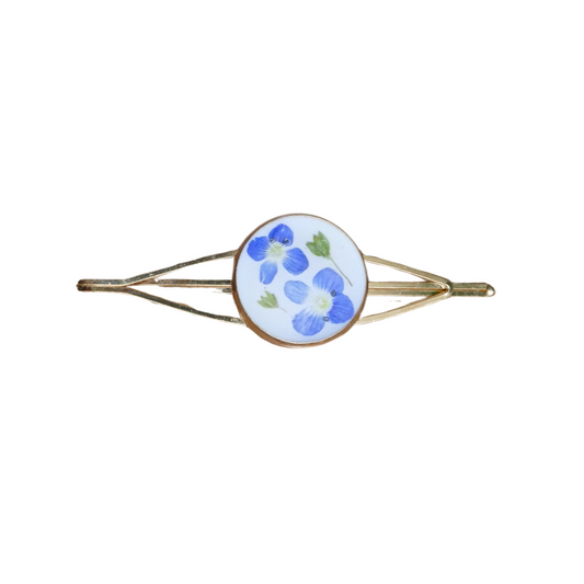 Hair Slide Daisy - Gold-Rose Tone  – Real Blue Flowers & Green Buds Hairclip