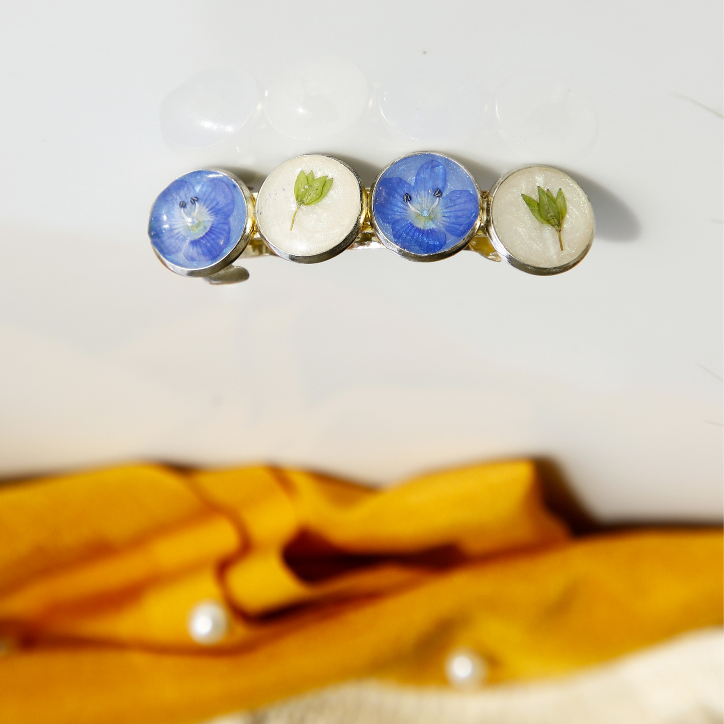 Hairclip Barrette - Silver Tone  – Real Blue Flowers & Green Leaves + Matching Jewelry Set Option