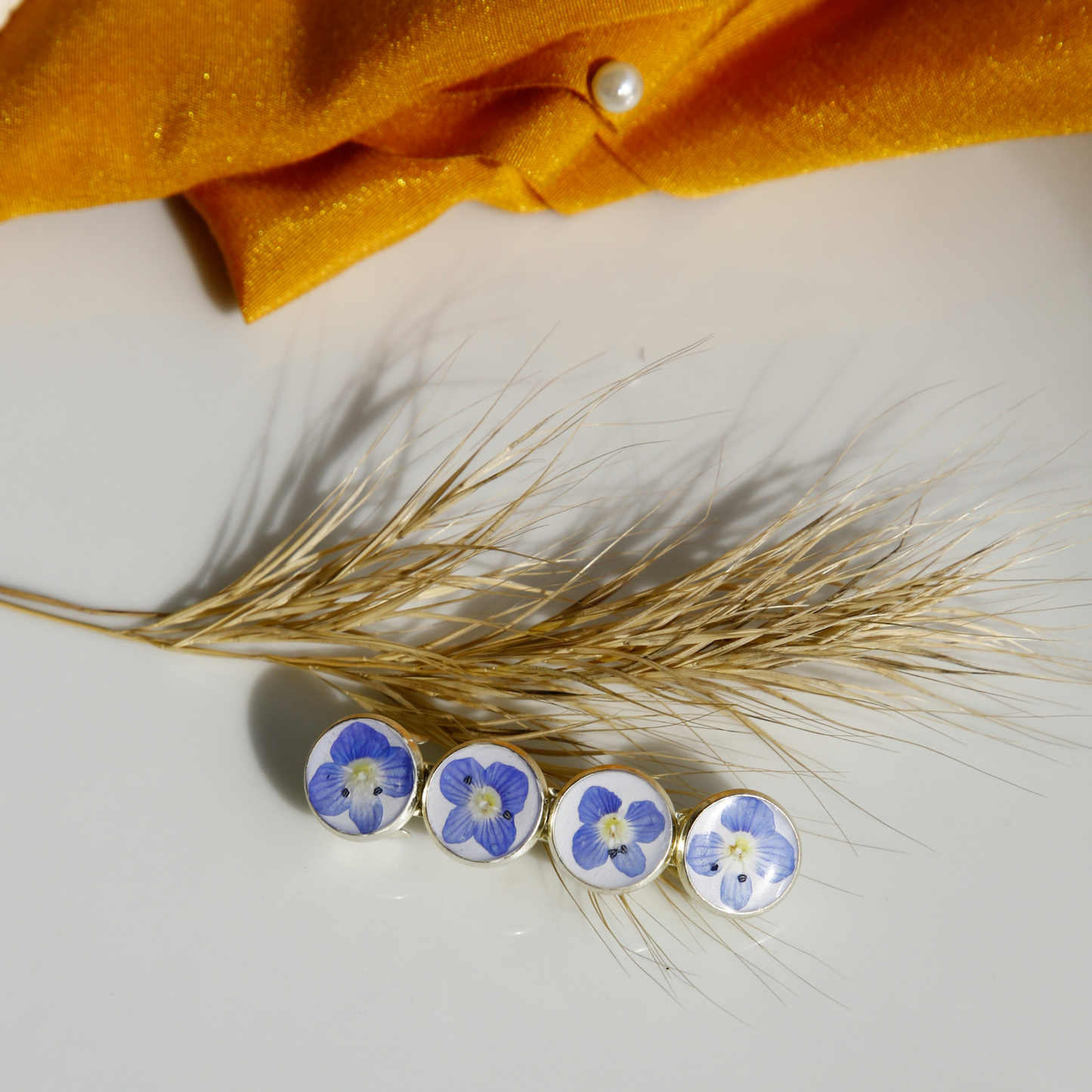 Hairclip Barrette Silver Tone  – Real Blue Flowers with Optional Custom Letter