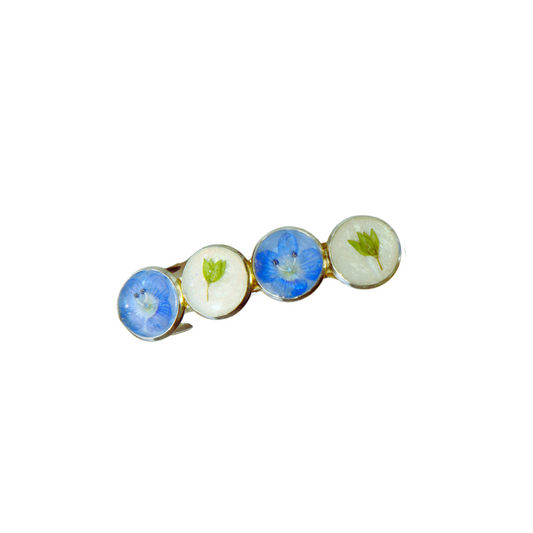 Hairclip Barrette - Silver Tone  – Real Blue Flowers & Green Leaves + Matching Jewelry Set Option