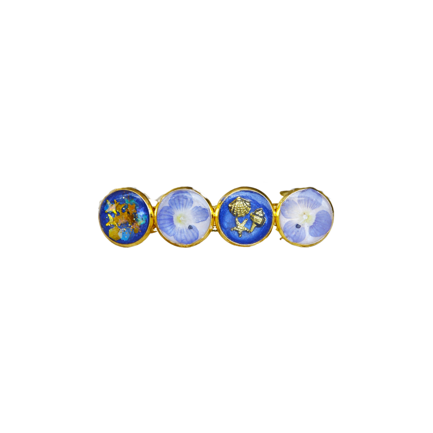 Hairclip Barrette Gold or Silver Tone – Real Blue Flowers, Ocean Charms & Golden Stars + Polish Cloth