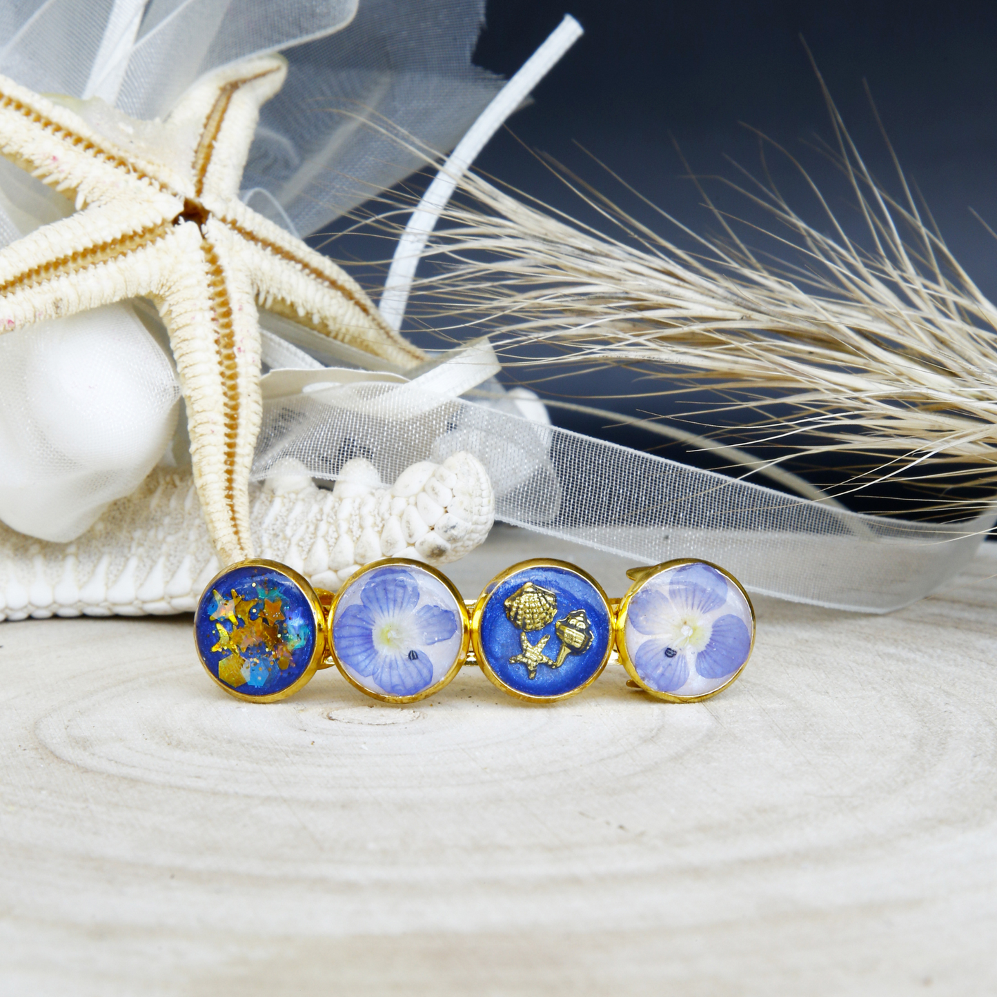 Hairclip Barrette Gold or Silver Tone – Real Blue Flowers, Ocean Charms & Golden Stars + Polish Cloth