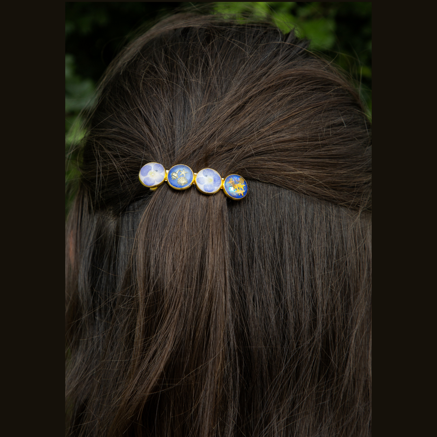 Hairclip Barrette Gold or Silver Tone – Real Blue Flowers, Ocean Charms & Golden Stars + Polish Cloth