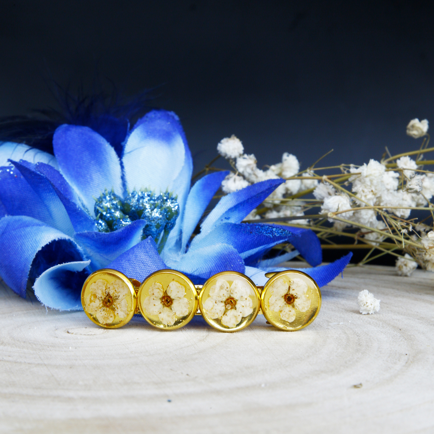 Hairclip Barrette Gold Plated  – Real White Flowers Wedding & Bridal Accessory