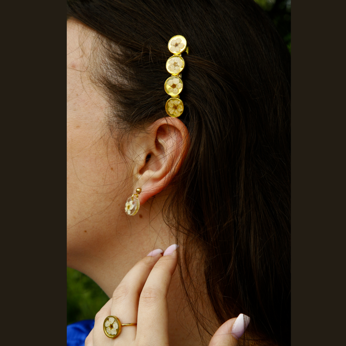 Hairclip Barrette Gold Plated  – Real White Flowers Wedding & Bridal Accessory