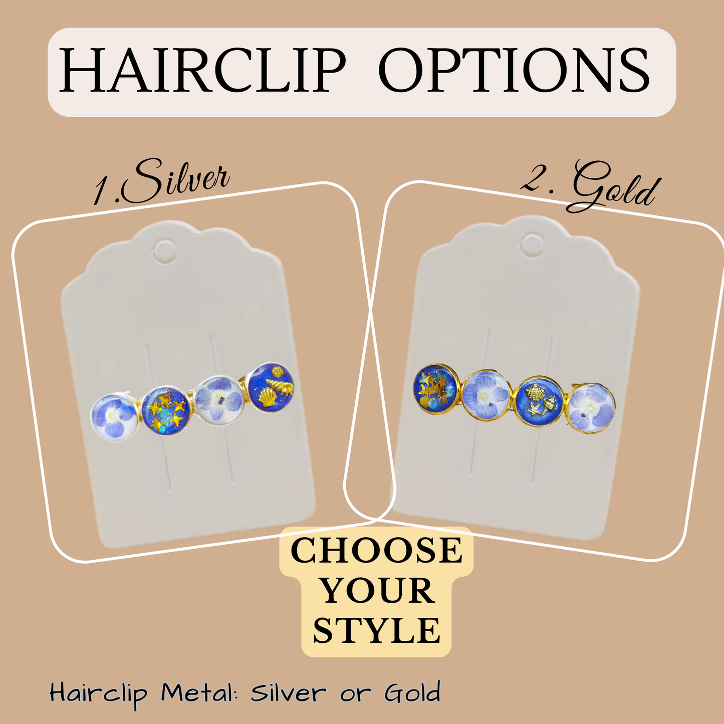 Hairclip Barrette Gold or Silver Tone – Real Blue Flowers, Ocean Charms & Golden Stars + Polish Cloth