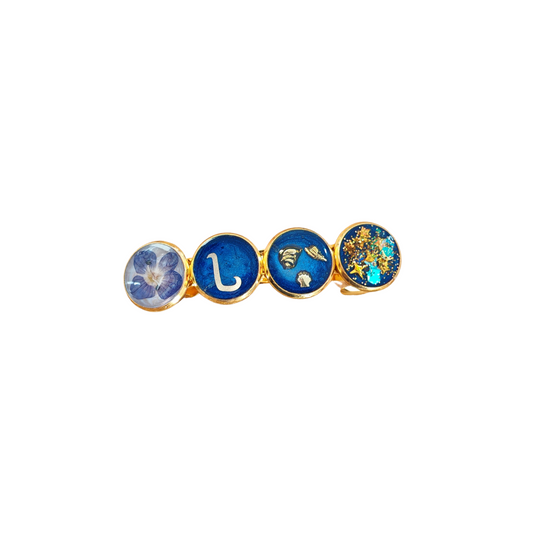 Hairclip Personalized Gold Plated  Barrette – Custom Letter, Real Blue Flower & Ocean Inspired Design