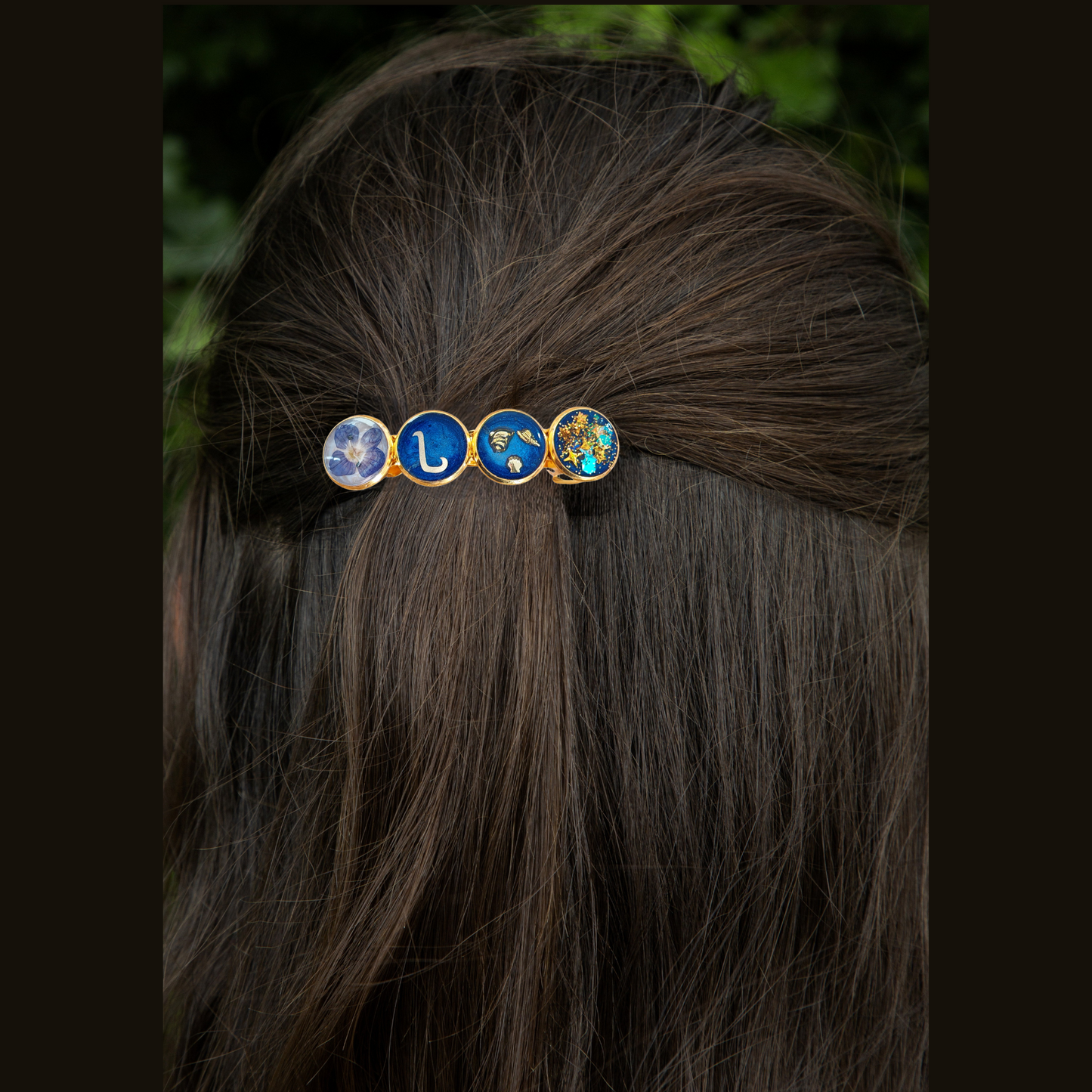 Hairclip Personalized Gold Plated  Barrette – Custom Letter, Real Blue Flower & Ocean Inspired Design