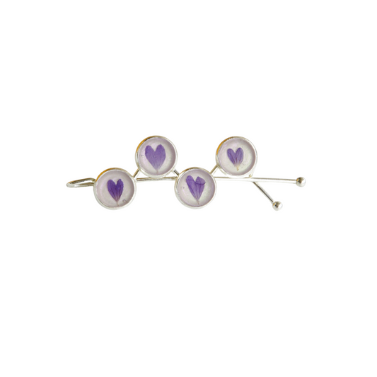 Hair Pin Silver with Real Purple Flowers – Strong Hold + Polish Cloth - Hair Accessories