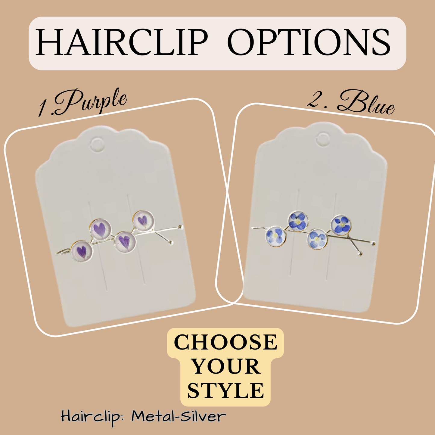 Hair Pin Silver with Real Purple Flowers – Strong Hold + Polish Cloth - Hair Accessories
