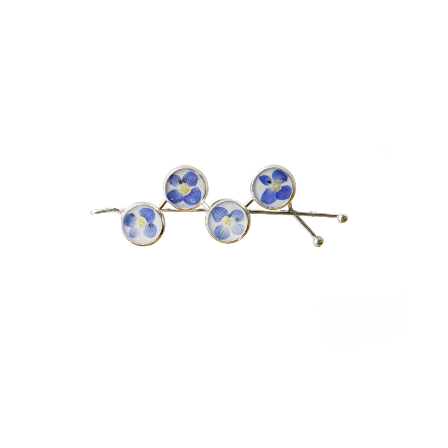 Hair Pin Silver with Real Blue Flowers – Strong Hold + Polish Cloth - Hair Accessories