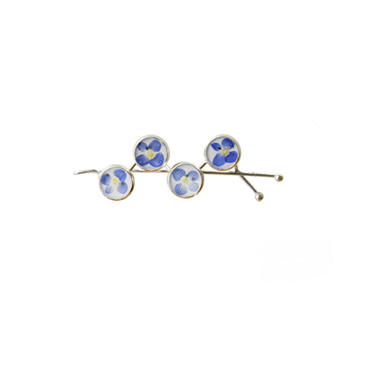 Hair Pin Silver with Real Blue Flowers – Strong Hold + Polish Cloth - Hair Accessories