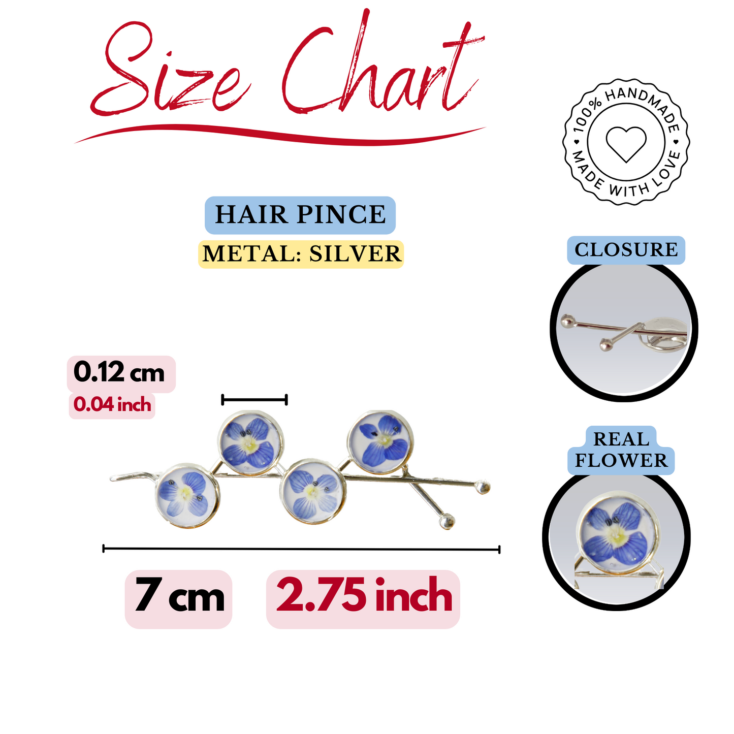 Hair Pin Silver with Real Blue Flowers – Strong Hold + Polish Cloth - Hair Accessories