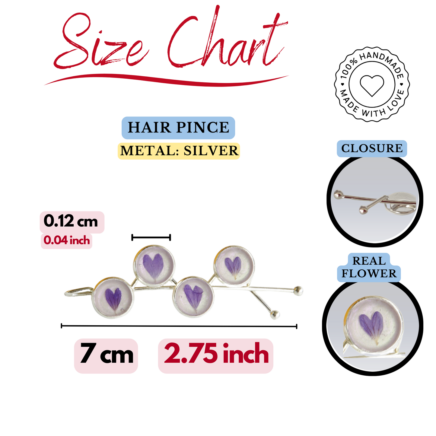 Hair Pin Silver with Real Purple Flowers – Strong Hold + Polish Cloth - Hair Accessories