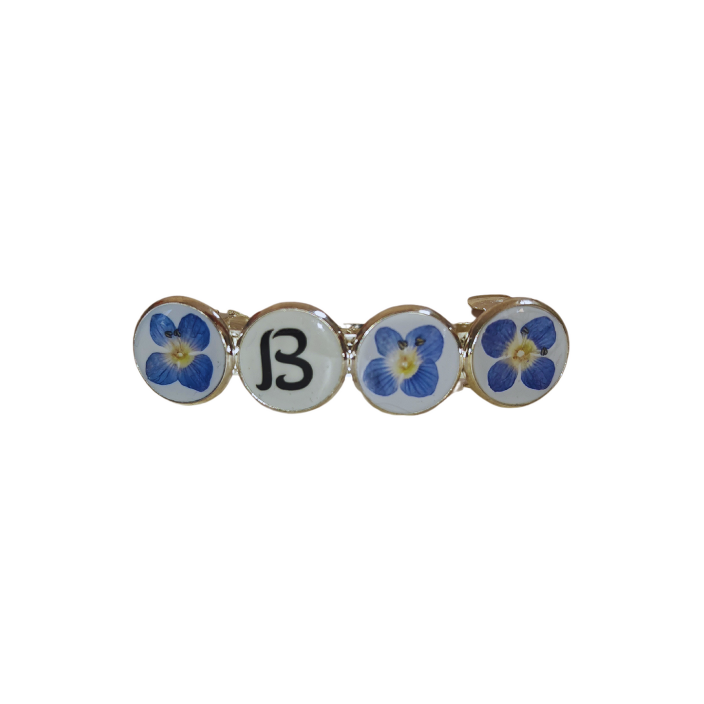Hairclip Barrette Silver Tone  – Real Blue Flowers with Optional Custom Letter