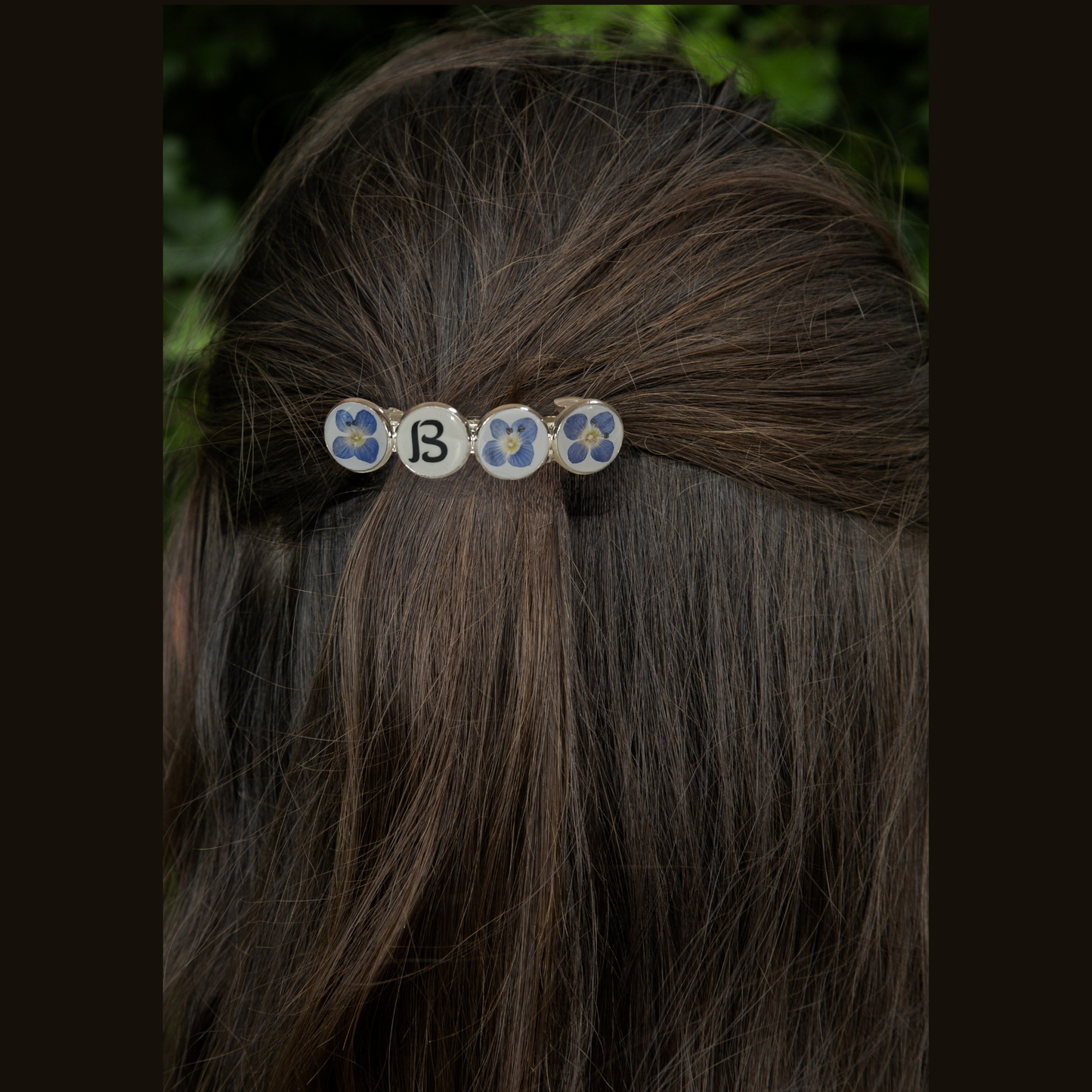 Hairclip Barrette Silver Tone  – Real Blue Flowers with Optional Custom Letter