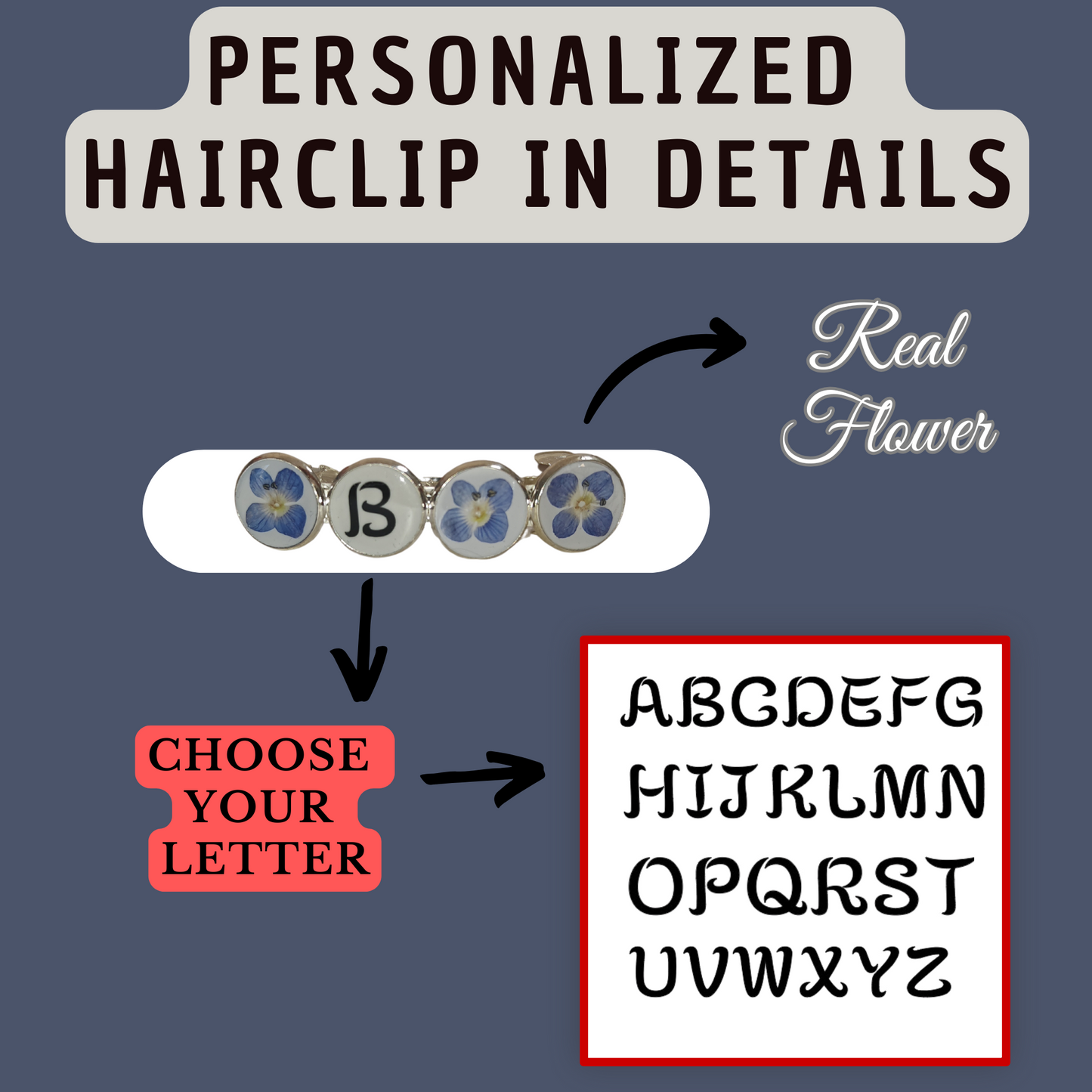 Hairclip Barrette Silver Tone  – Real Blue Flowers with Optional Custom Letter