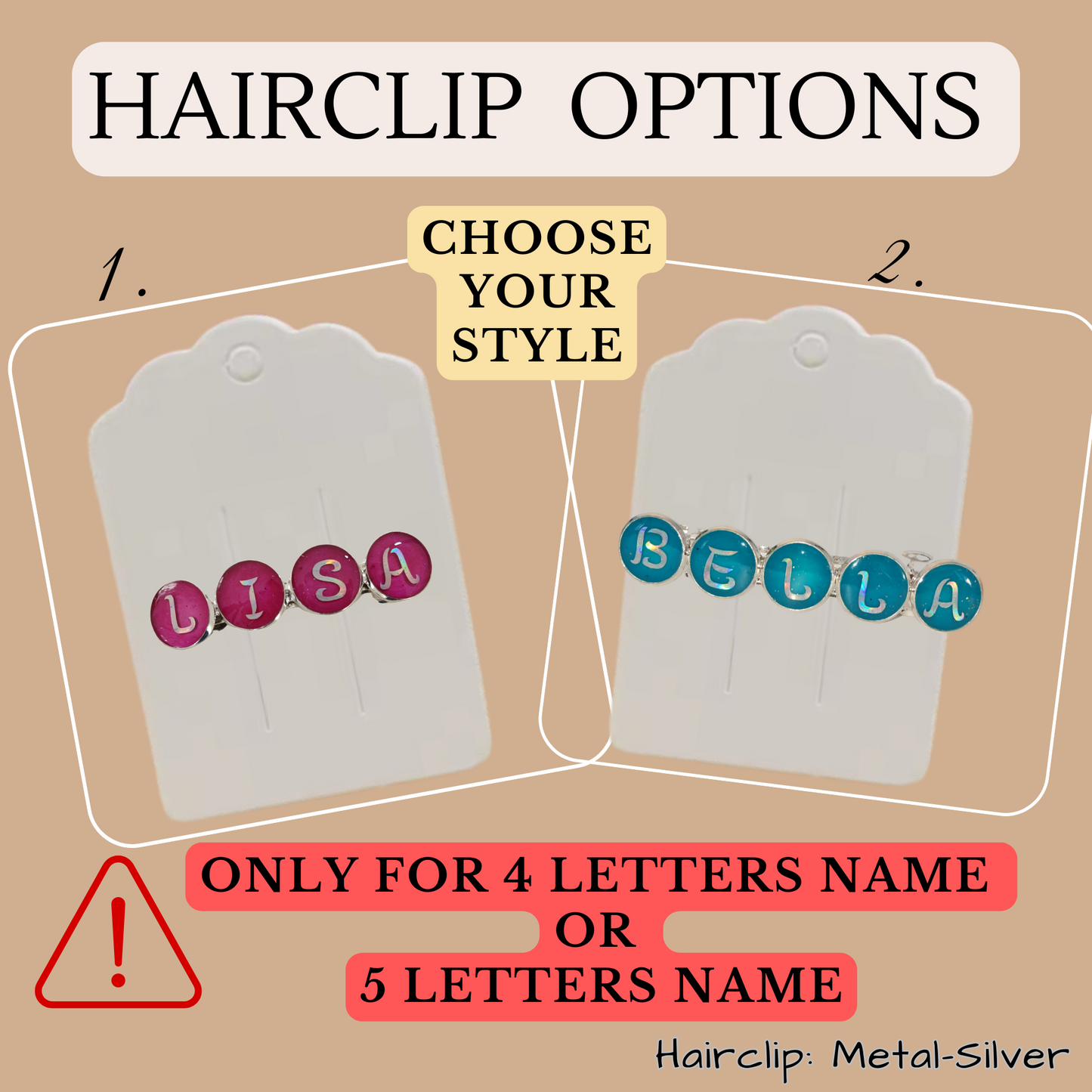 Hairclip Name Personalized Barrette – Custom 4 or 5 Letters – Silver Plated Hair Accessory