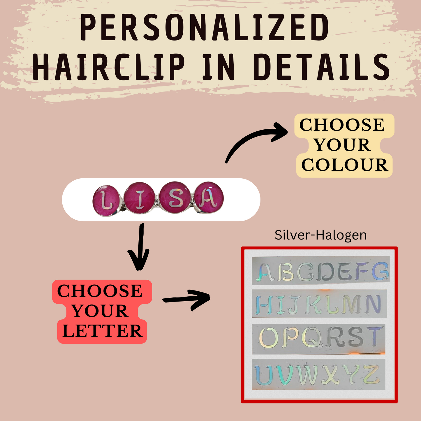 Hairclip Name Personalized Barrette – Custom 4 or 5 Letters – Silver Plated Hair Accessory