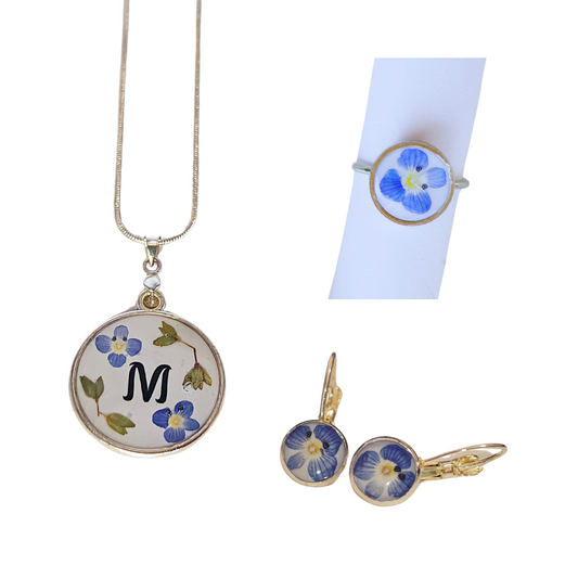 Jewelry Set Personalized – Real Blue Flower Necklace, Earrings & Adjustable Ring – Handmade Silver 925 & Stainless Steel
