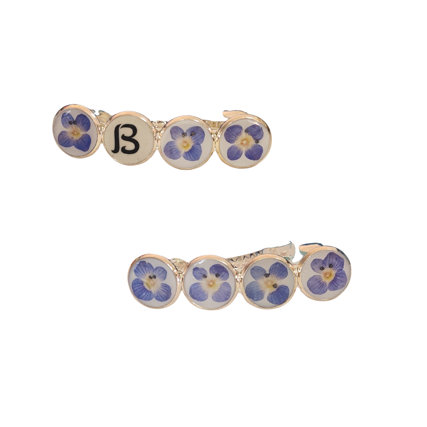 Hairclip Barrette Silver Tone  – Real Blue Flowers with Optional Custom Letter