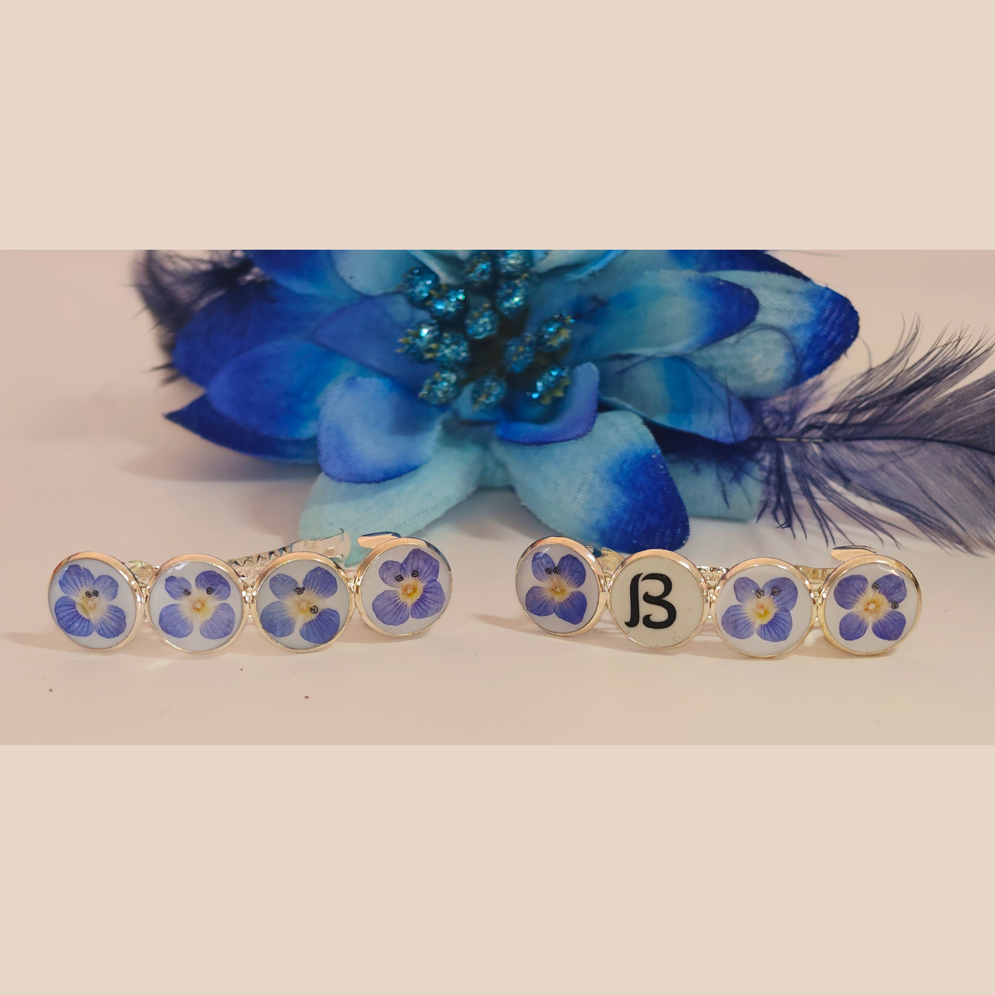 Hairclip Barrette Silver Tone  – Real Blue Flowers with Optional Custom Letter