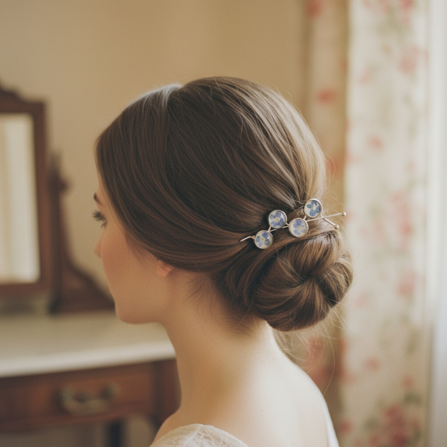 Hair Pin Silver with Real Blue Flowers – Strong Hold + Polish Cloth - Hair Accessories