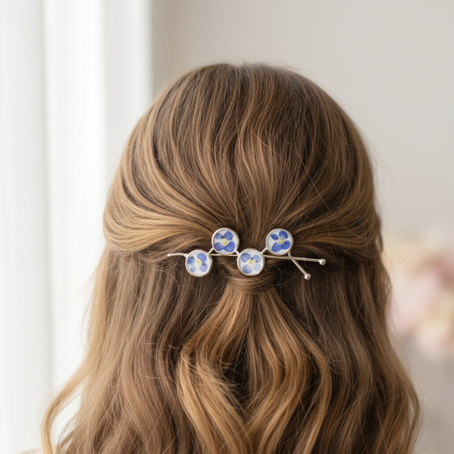 Hair Pin Silver with Real Blue Flowers – Strong Hold + Polish Cloth - Hair Accessories