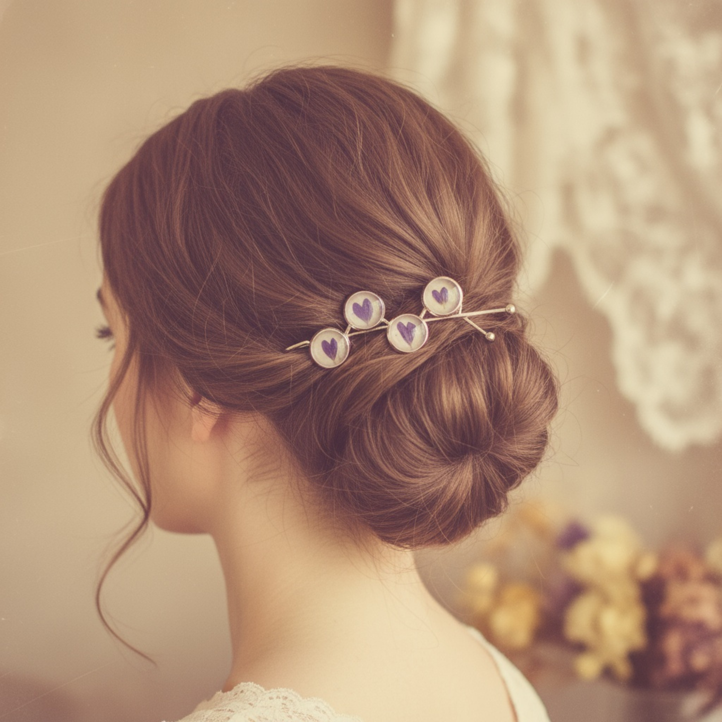 Hair Pin Silver with Real Purple Flowers – Strong Hold + Polish Cloth - Hair Accessories