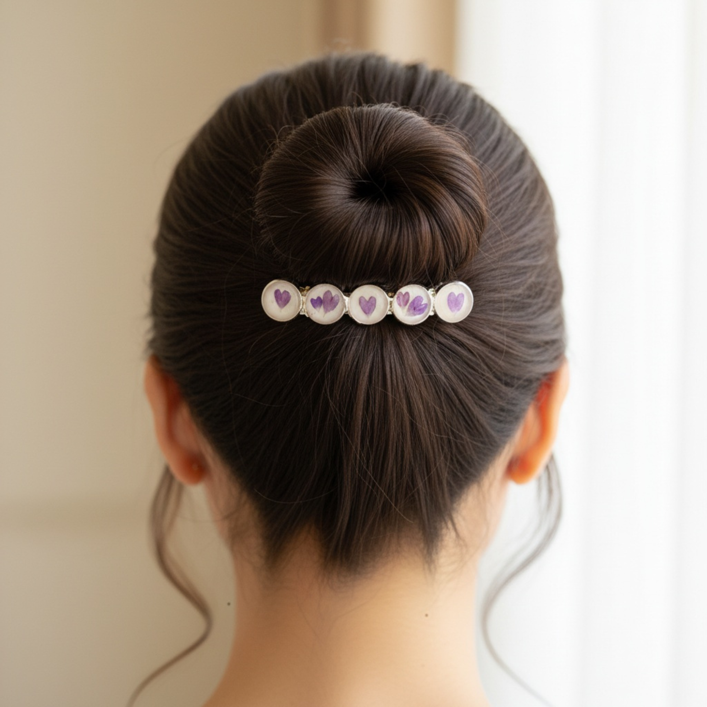 Hairclip Barrette Silver Tone  – Real Purple Heart Petals Hair Accessory