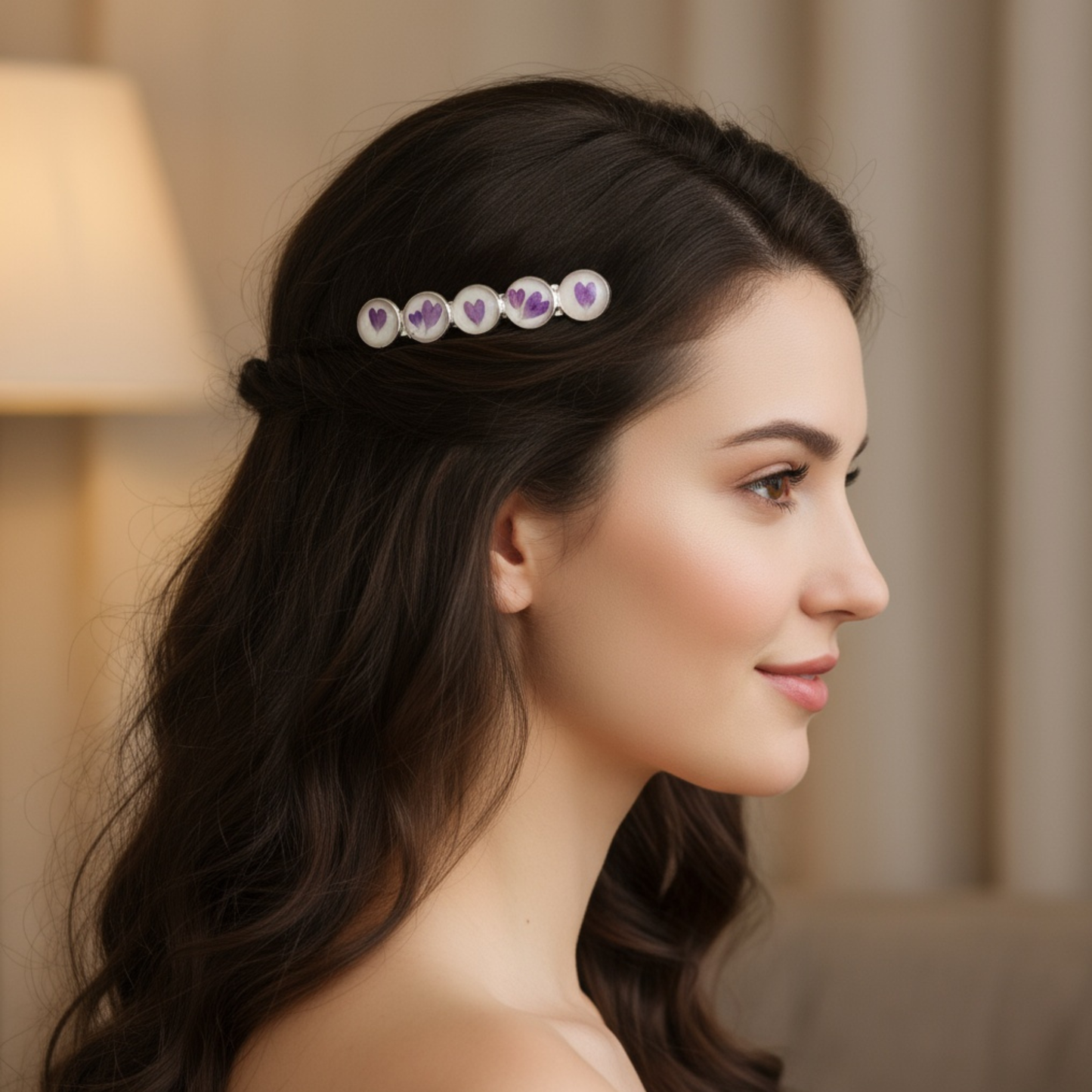 Hairclip Barrette Silver Tone  – Real Purple Heart Petals Hair Accessory