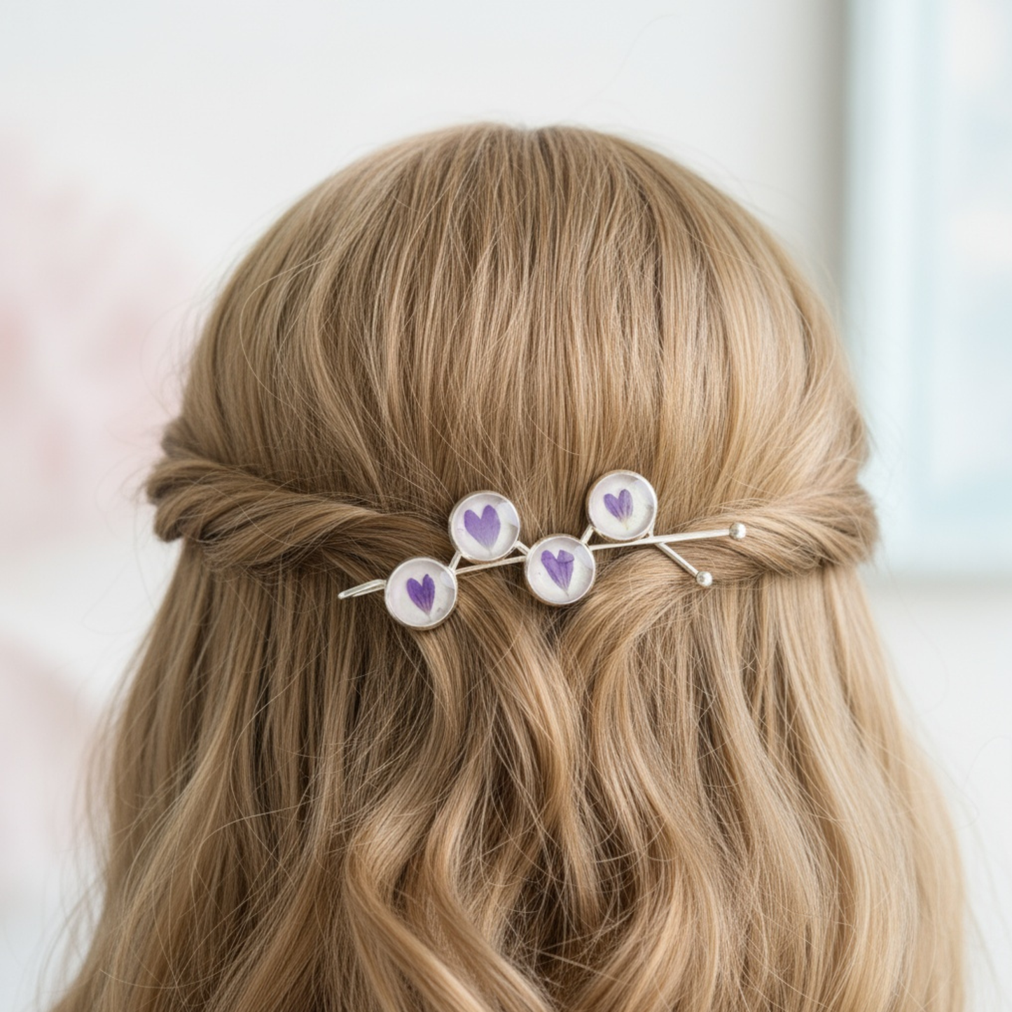 Hair Pin Silver with Real Purple Flowers – Strong Hold + Polish Cloth - Hair Accessories