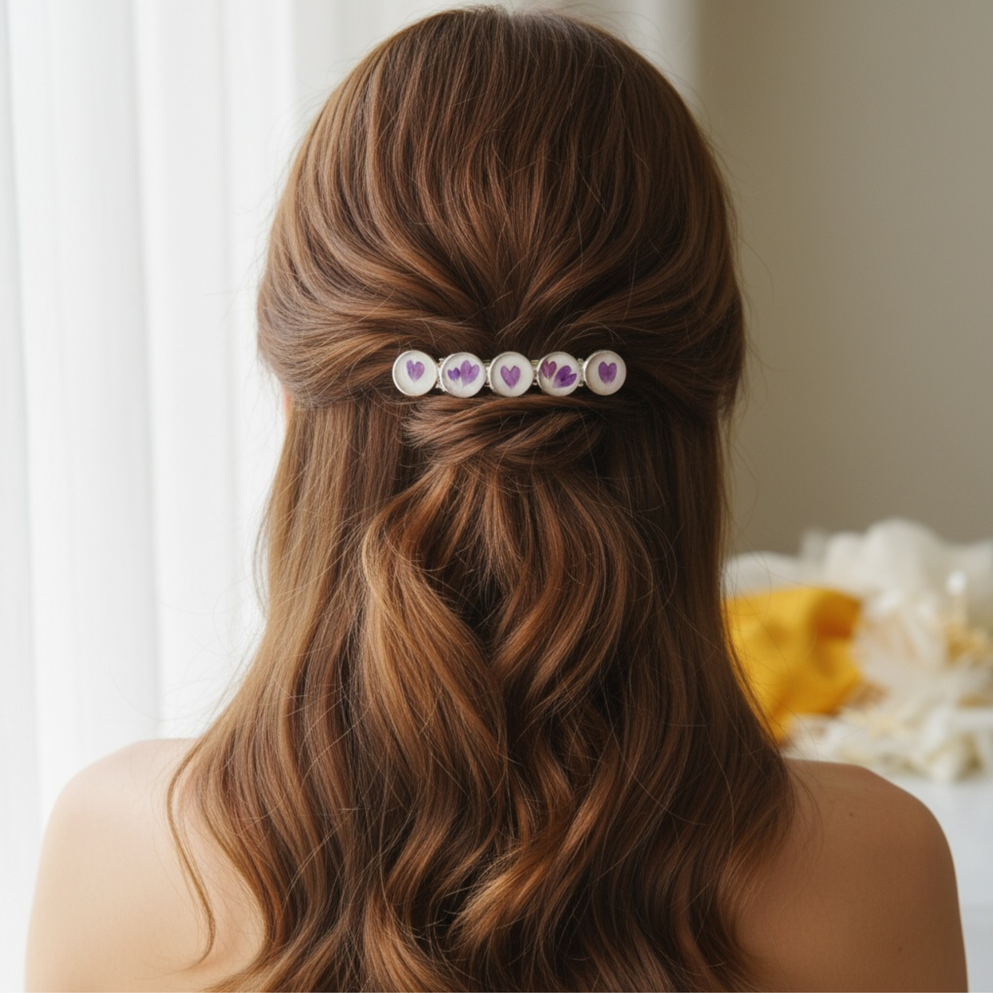 Hairclip Barrette Silver Tone  – Real Purple Heart Petals Hair Accessory