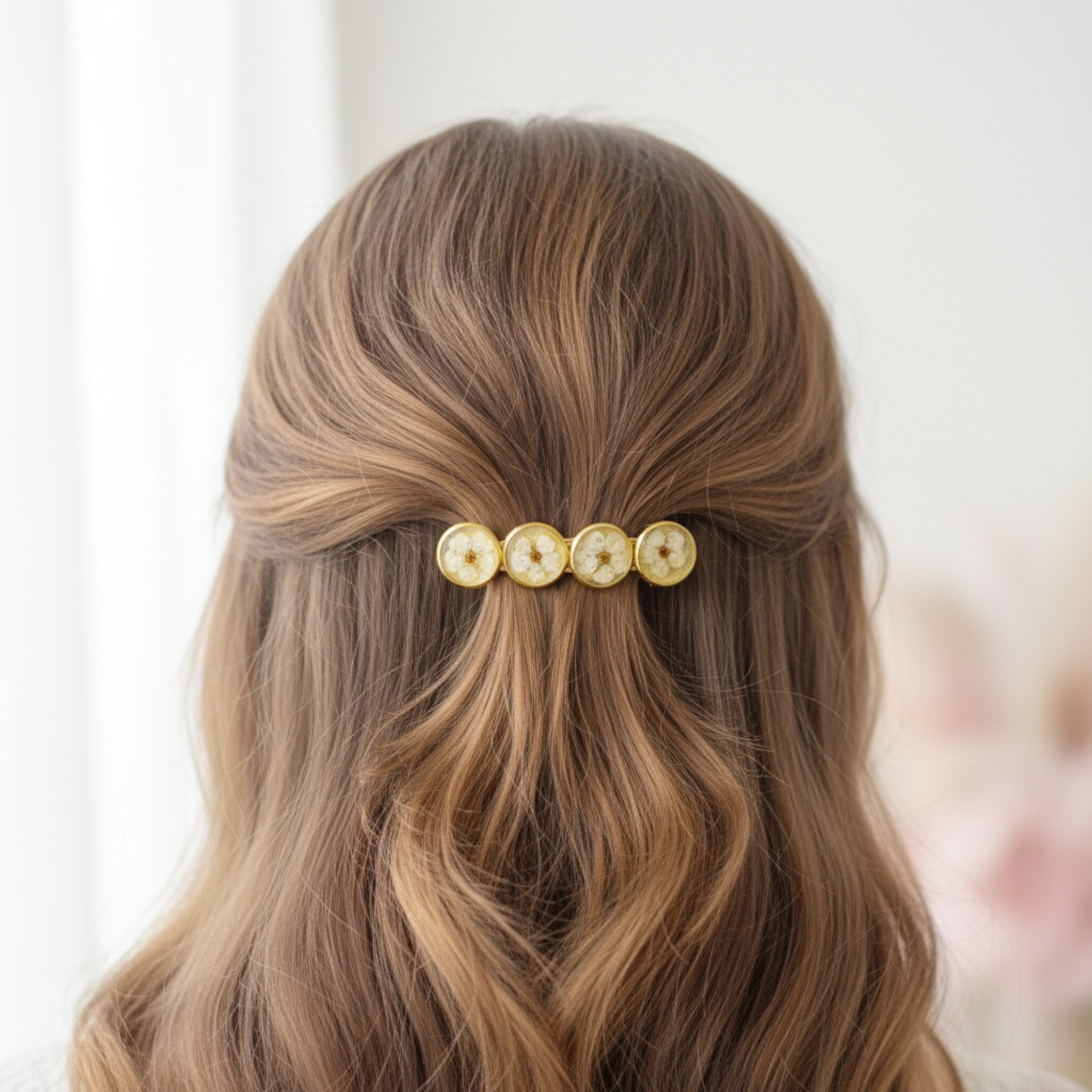 Hairclip Barrette Gold Plated  – Real White Flowers Wedding & Bridal Accessory