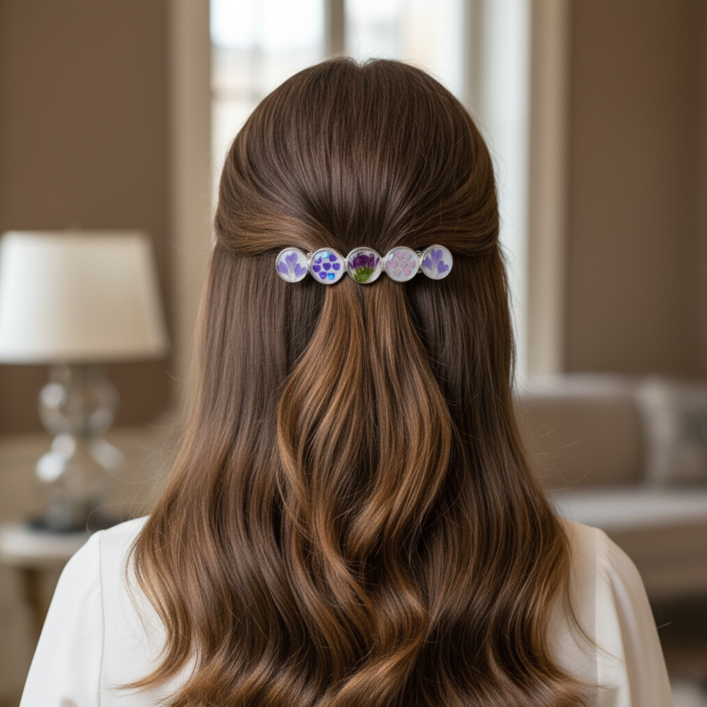 Hairclip Barrette Silver Tone  – Real Purple Flowers, Heart Petals & Sequins