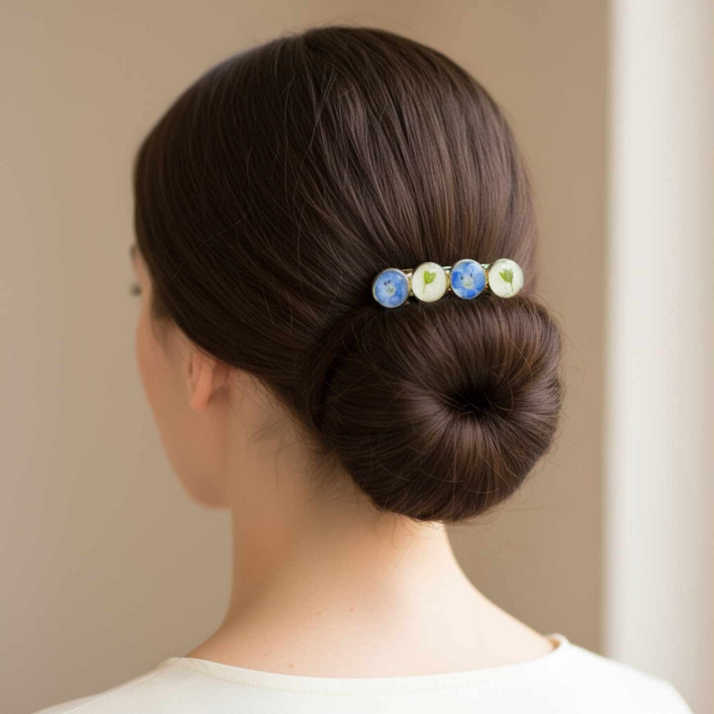 Hairclip Barrette - Silver Tone  – Real Blue Flowers & Green Leaves + Matching Jewelry Set Option