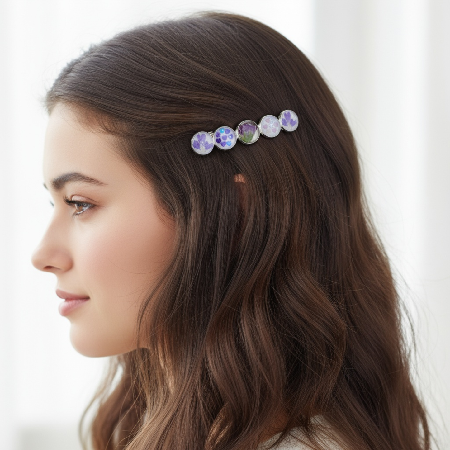 Hairclip Barrette Silver Tone  – Real Purple Flowers, Heart Petals & Sequins