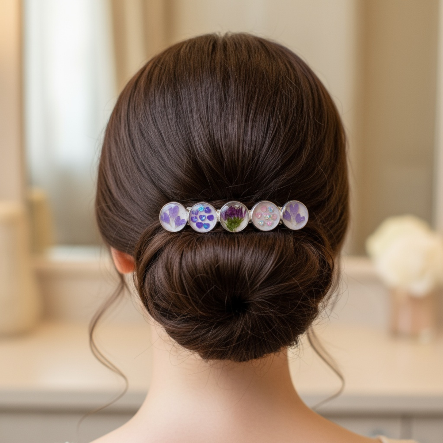 Hairclip Barrette Silver Tone  – Real Purple Flowers, Heart Petals & Sequins