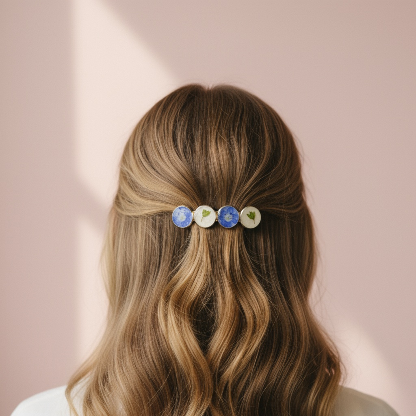 Hairclip Barrette - Silver Tone  – Real Blue Flowers & Green Leaves + Matching Jewelry Set Option