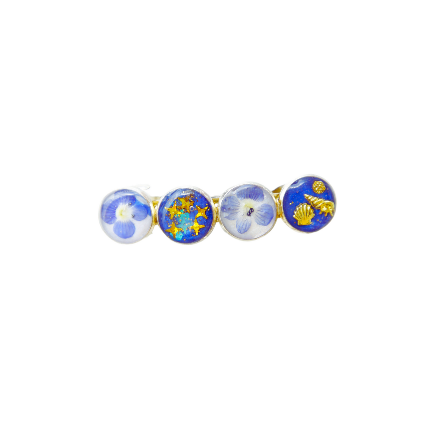 Hairclip Barrette Gold or Silver Tone – Real Blue Flowers, Ocean Charms & Golden Stars + Polish Cloth