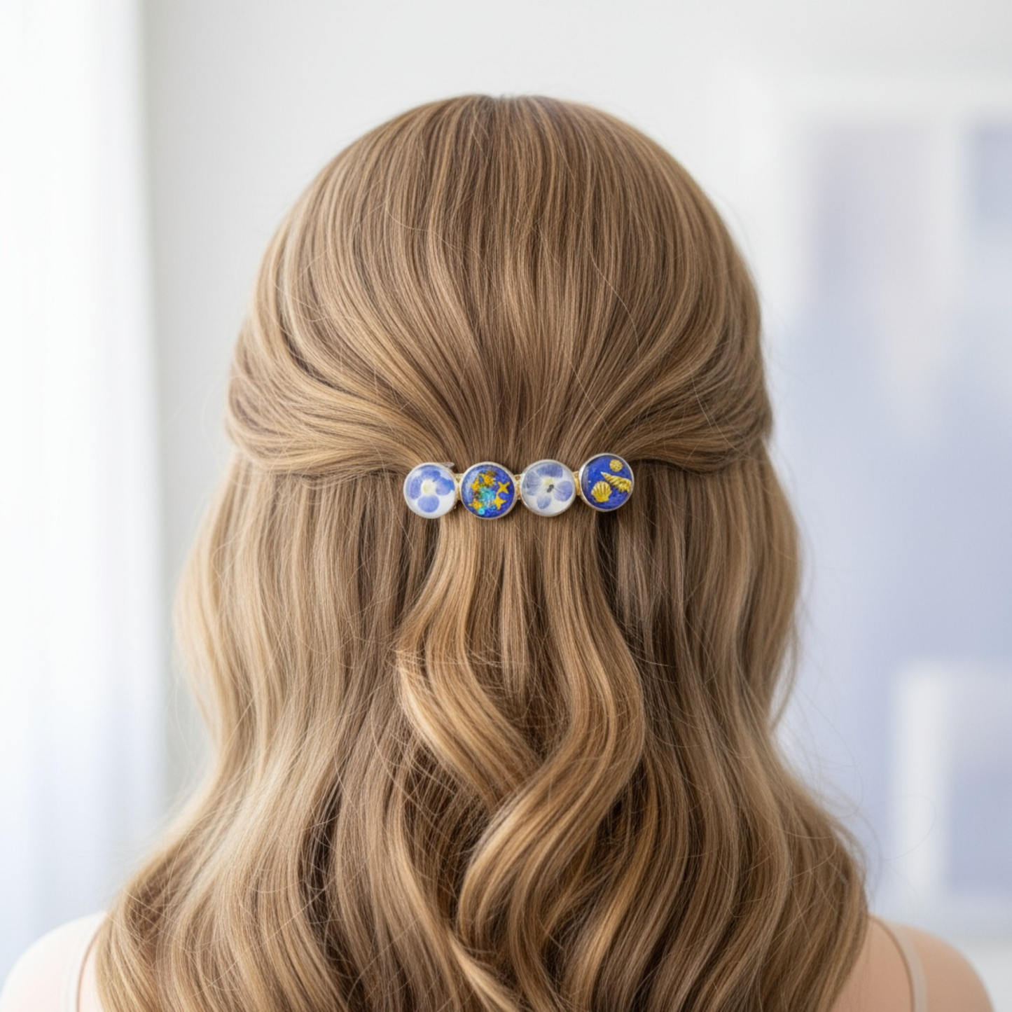 Hairclip Barrette Gold or Silver Tone – Real Blue Flowers, Ocean Charms & Golden Stars + Polish Cloth