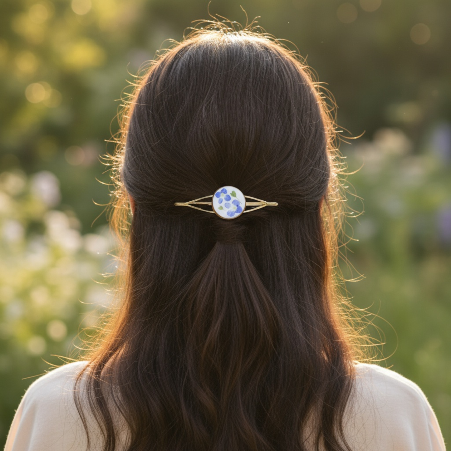Hair Slide Daisy - Gold-Rose Tone  – Real Blue Flowers & Green Buds Hairclip
