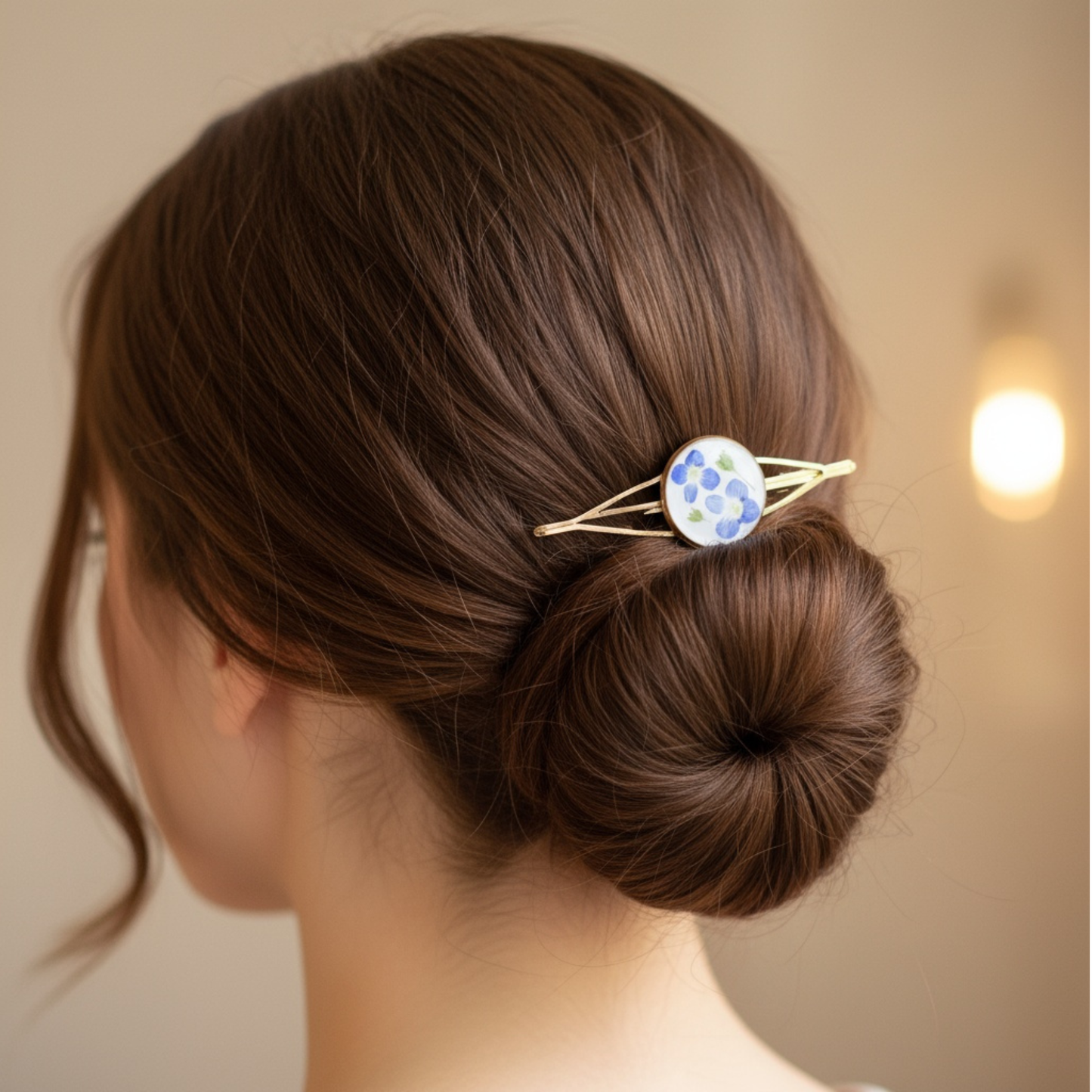 Hair Slide Daisy - Gold-Rose Tone  – Real Blue Flowers & Green Buds Hairclip
