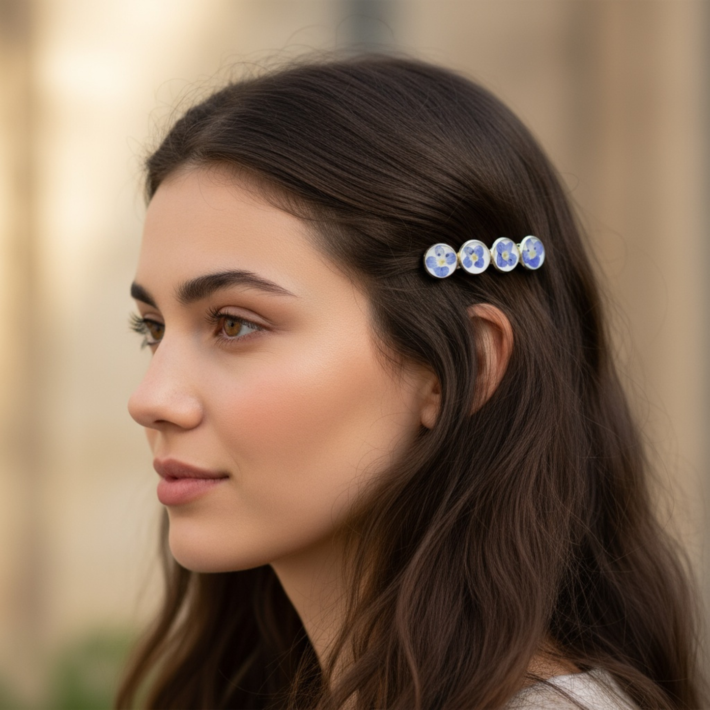 Hairclip Barrette Silver Tone  – Real Blue Flowers with Optional Custom Letter